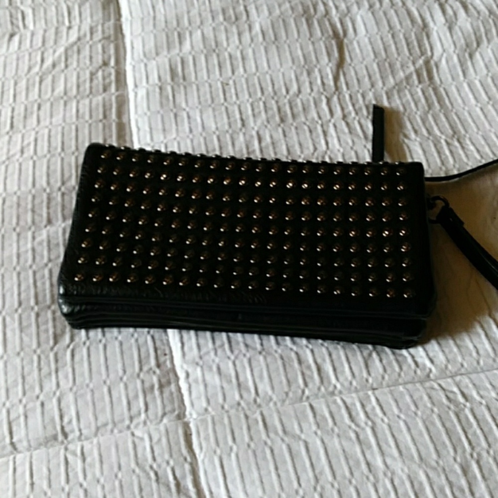 Black leather studded wristlet wallet
